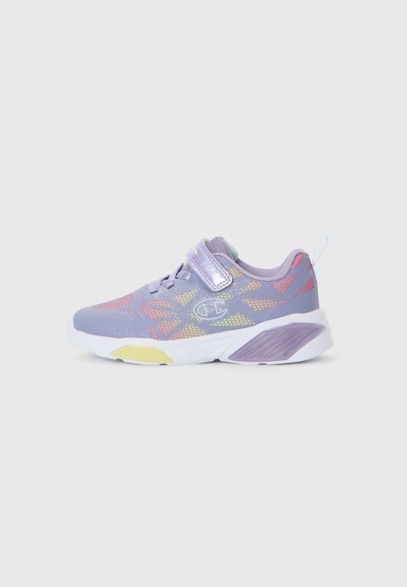 Purple athletic shoe with mesh design, multi-color accents, adjustable strap, and textured white sole. Features a lightweight material.