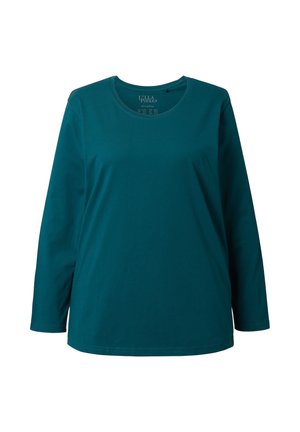 Türkisfarbiges Langarm-Cotton-T-Shirt mit Rundhalsausschnitt und geradem Schnitt. Besitzt minimale Nähte und keine sichtbaren Muster oder Akzente.