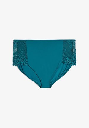 Tirkizne hlače z visokim pasom z čipkastimi stranskimi pannami, ki imajo zapletene spiralne vzorce, gladko tkanino z rahlim leskom in poln pokrovni dizajn.