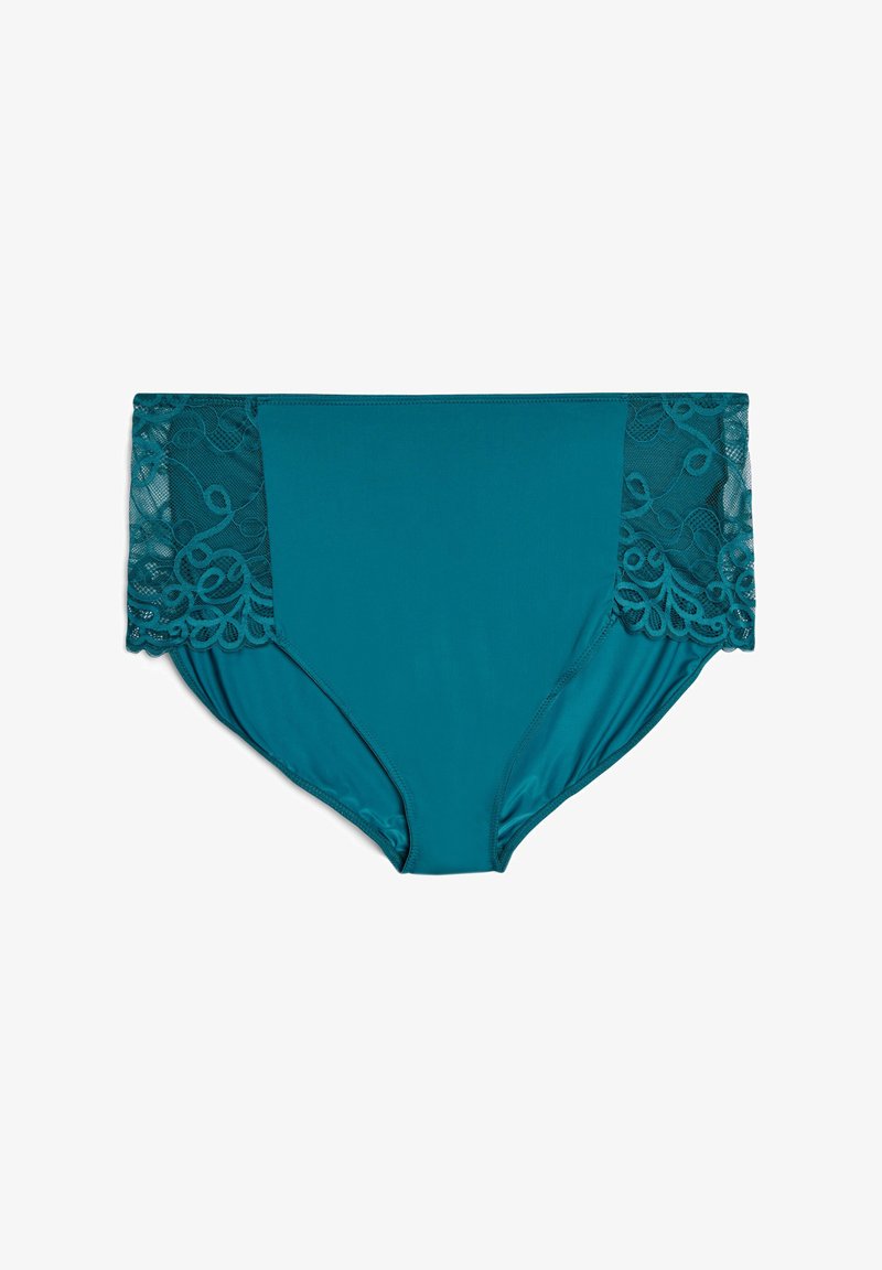 Teal kõrge vöökohaga aluspüksid, millel on pitsist külgpaneelid, mis esitlevad keerukaid spirali mustreid, sile kangas, millel on kerge läige, ning täiskattega disain.