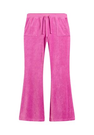 Pantalons de survêtement rose évasés en tissu doux, avec deux poches avant, une taille élastique avec cordon de serrage, et un logo brodé.