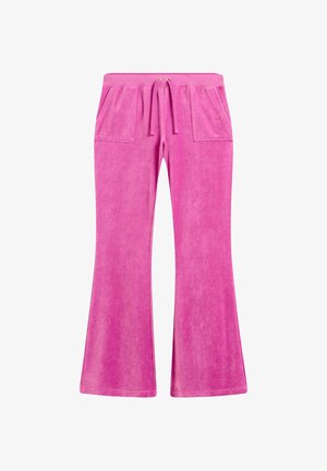 Lyserøde buksede sweatpants med flared pasform lavet af blødt stof, med to frontlommer, elastisk talje med snøre og broderet logo-detalje.