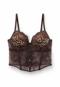 Bustier marrón de encaje con copas de estampado de leopardo, con tirantes ajustables, cierre frontal de botones y un intrincado detalle de encaje en toda su superficie.