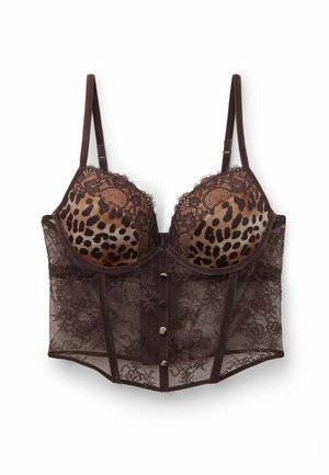 Bruine kant bustier met luipaardprintkoppen, voorzien van verstelbare bandjes, knoopsluiting aan de voorkant en ingewikkelde kantdetails door het hele ontwerp.