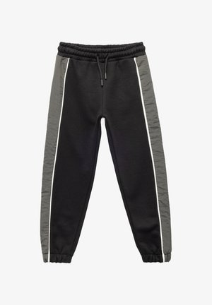 Schwarze Sweatpants mit einer strukturierten grauen Seitenblende, weißem Seitenstreifen, elastischem Bund und eng anliegenden Knöcheln.