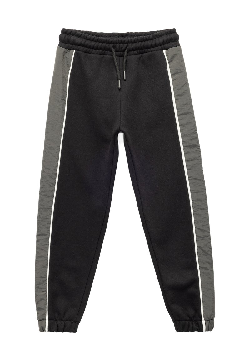 Zwarte sweatpants met een gestructureerd grijs zijpaneel, witte zijstrepen, elastische tailleband en cuffed enkels.