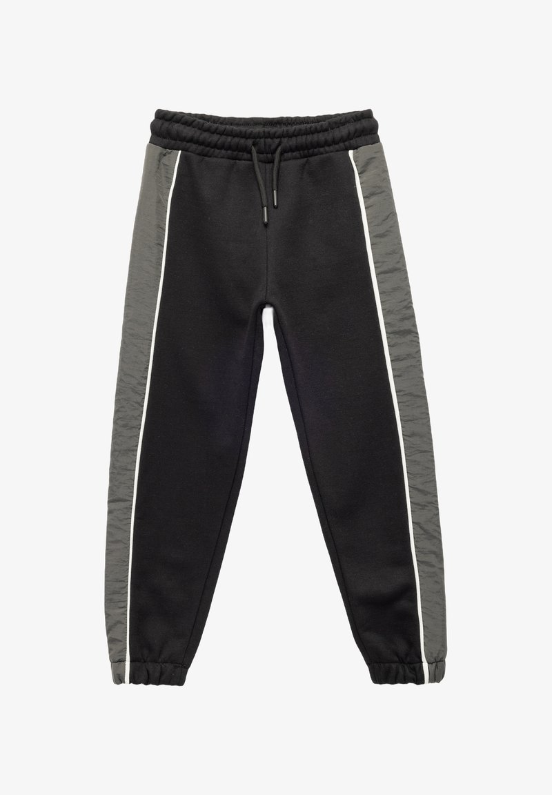 Sorte sweatpants med en struktureret grå sidepanel, hvid side stripe, elastisk talje og manchetter ved anklerne.