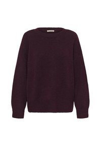 Burgundi spalvos megztinis su laisvu siluetu, apvalia iškirpte, ilgomis rankovėmis ir elastinėmis rankogaliais. Minkšta tekstūra ir vienoda audimo struktūra visame megztinyje.