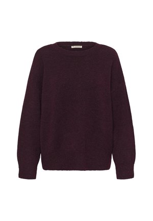 Bordeaux gebreide trui met een ontspannen pasvorm, ronde hals, lange mouwen en geribbelde manchetten. Zachte textuur en uniform geweven patroon over de gehele trui.