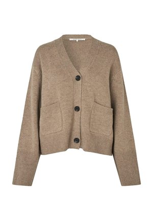 Béžový pletený cardigan s výstřihem do V, pěti černými knoflíky a dvěma předními kapsami. Hladké manžety a lem dodávají designu texturu.