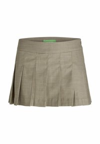 Gonna plissettata color khaki con vita piatta, realizzata in un materiale testurizzato. Presenta pieghe laterali per facilitare il movimento e un design semplice.