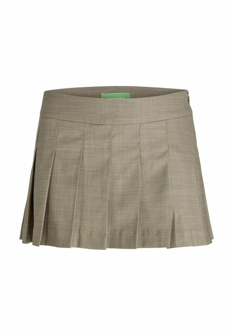 Gonna plissettata color khaki con vita piatta, realizzata in un materiale testurizzato. Presenta pieghe laterali per facilitare il movimento e un design semplice.