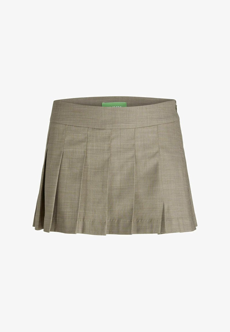 Plisowana khaki spódnica z płaskim pasem, wykonana z teksturowanego materiału. Posiada boczne pliski dla swobody ruchów oraz prosty design.