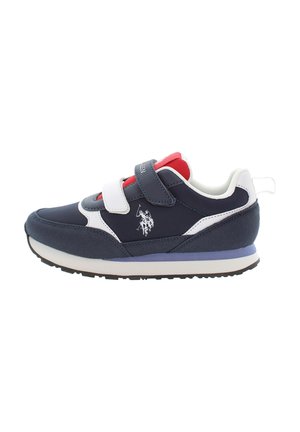 Mörkblå sneakers med röda detaljer, vita remmar och en texturerad sula. Har logodetaljer på sidan och en mjuk inredning.