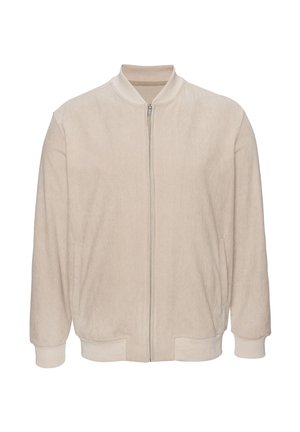 Beige corduroy zip-up jacket with ribbed collar, cuffs, and hem, featuring side pockets and a smooth front zipper closure.