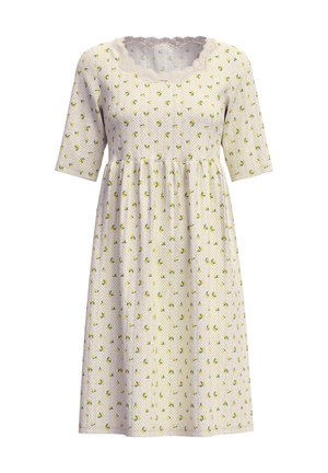 Kleid mit Polka-Dots und kurzen Ärmeln; verfügt über einen gekerbten Ausschnitt und ein tailliertes Oberteil, das zu einem ausgestellt Rock übergeht, der mit gelben Blumenmustern verziert ist.