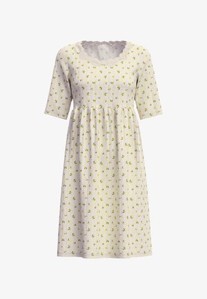 Kleid mit Polka-Dots und kurzen Ärmeln; verfügt über einen gekerbten Ausschnitt und ein tailliertes Oberteil, das zu einem ausgestellt Rock übergeht, der mit gelben Blumenmustern verziert ist.