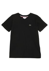 Czarny bawełniany t-shirt z krótkimi rękawami i dekoltem w serek, z małym zielonym logo Lacoste na lewej piersi.