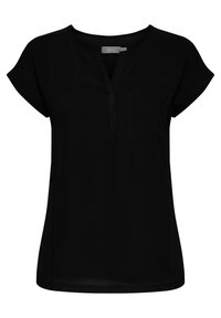Blouse noire à manches courtes avec un col rond fendu et une petite poche poitrine, coupe ajustée et finition en tissu lisse.