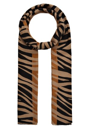 Écharpe douce à rayures zébrées noires et brunes, pliée en boucle sur un fond blanc.