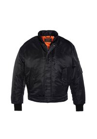 Zwarte bomberjack van glanzend nylon met een ritssluiting aan de voorkant, twee voorzakken, geribde manchetten en feloranje voering.