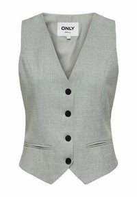 Veste cintrée gris clair avec col en V, quatre boutons noirs sur le devant et deux poches horizontales fendues à la taille.