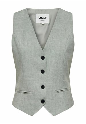 Veste cintrée gris clair avec col en V, quatre boutons noirs sur le devant et deux poches horizontales fendues à la taille.