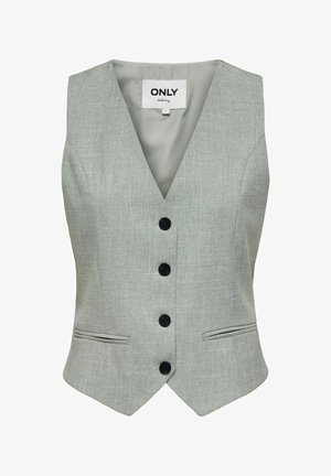 Helehall hall kohandatud vest V-kaelusega, esiküljel neli musta nuppu ja kaks horisontaalset lõhikutaskut vöökoha juures.