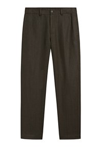 Dark brown tailored dress trousers with front button and belt loops, straight legs, and side pockets, laid flat on a white background.