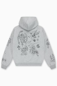 Γκρι φούτερ με κουκούλα, με μαύρα περιγράμματα σχεδίων μυθικών πλασμάτων και συμβόλων. Διαθέτει κουκούλα με κορδόνι και ριμπ μανσέτες.