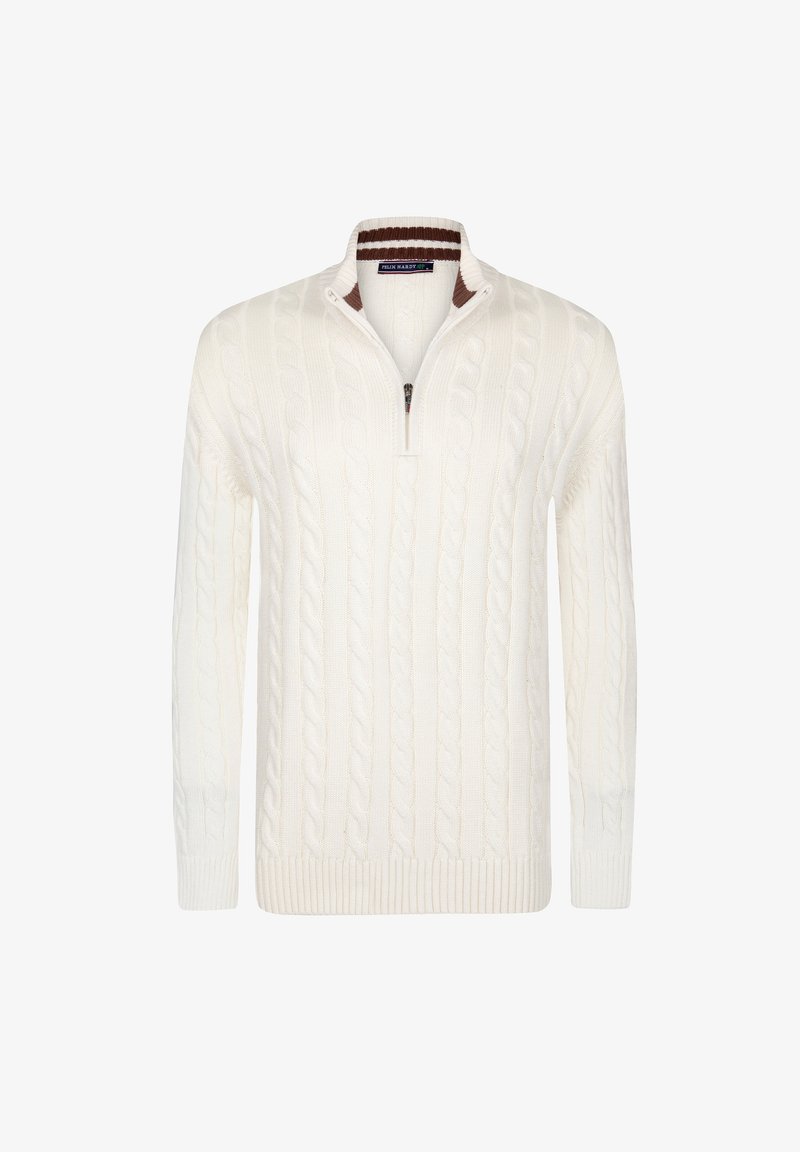 Pull blanc en maille torsadée avec zip sur un quart, col intérieur rayé marron, manches longues, poignets et ourlet côtelés.
