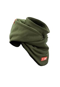 Olive green neck warmer made of soft fabric, featuring a twisted design and a small red tag on the front. Smooth texture and seamless finishing.