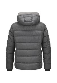 Grau gefütterte Jacke mit horizontalem Steppmuster, ausgestattet mit einer Kapuze, elastischen Bündchen und einem kontrastierenden grauen Stoff an den Schultern.