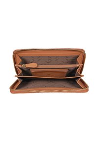 Portafoglio in pelle color tan con chiusura a zip, numerosi scomparti per carte, un compartimento per le monete con zip e una fodera interna con motivo.