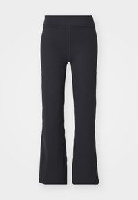 Czarne spodnie dzwony wykonane z elastycznego materiału, z wysokim stanem i gładką teksturą. Bez widocznych wzorów czy detali metalowych.