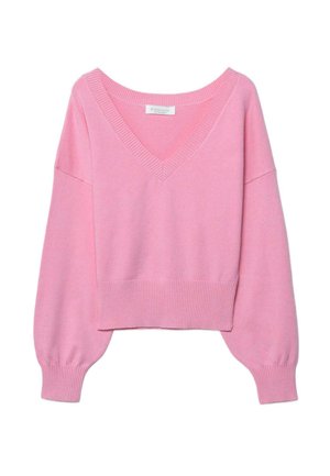 Ružičasti skraćeni džemper s širokim V-izrezom, širokim rukavima, rebrastom teksturom na manžetnama i rubu, izrađen od mekanog materijala.