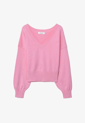 Ružičasti skraćeni džemper s širokim V-izrezom, širokim rukavima, rebrastom teksturom na manžetnama i rubu, izrađen od mekanog materijala.