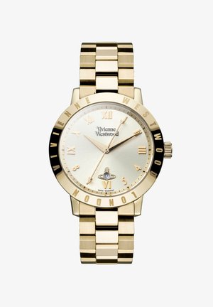 Zlatni sat s elegantnom metalnom narukvicom, okruglim licem, srebrnim sunburst brojčanikom, rimskim brojevima i logoom "Vivienne Westwood."