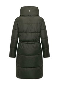 Long, dark green puffer coat with a high collar, featuring a smooth texture and horizontal quilted pattern; logo accents near the neckline.