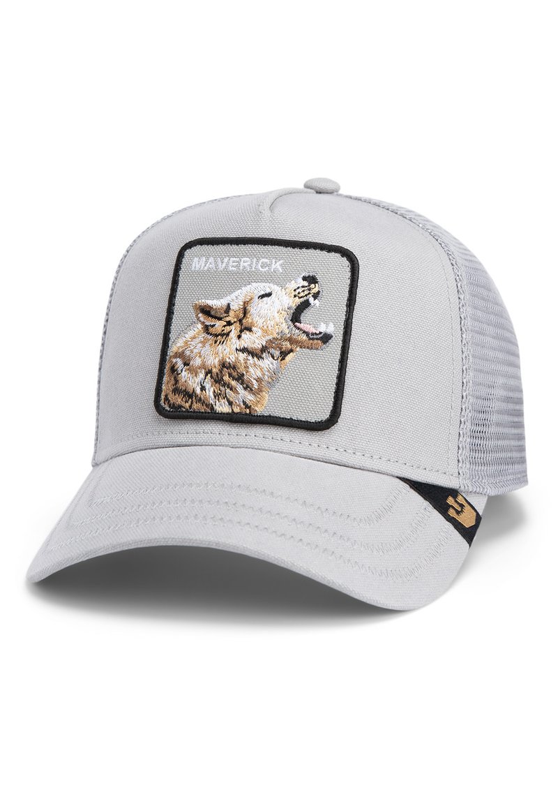 Gray baseball cap with a mesh back, featuring an embroidered wolf patch and the word "MAVERICK" above. Visor is slightly curved.