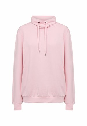 Lichtroze sweatshirt met een hoge kraag, verstelbare trekkoorden, lange mouwen en een aansluitende tailleband. Zachte, gladde textuur.