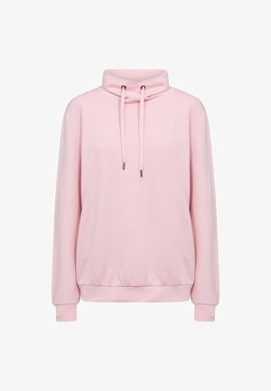 Šviesiai rožinis džemperis su aukštu apykakle, reguliuojamomis raištelėmis, ilgomis rankovėmis ir prigludusia juosmens juosta. Minkšta, lygi tekstūra.