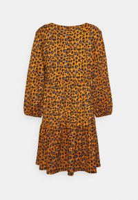 Blommig klänning i orange med svarta och blå mönster, med långa ärmar och vågig volangkjol. Lättviktig tyg med texturerad finish.