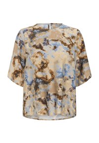 Lockere Kurzarmbluse mit Rundhalsausschnitt, die ein abstraktes Batikmuster in Blau, Beige und Braun zeigt.