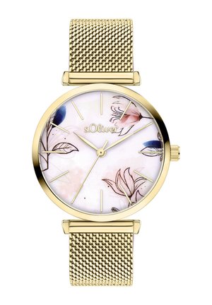 Gold mesh strap watch with a round face, floral designs in soft pink and blue tones, and slim hour markers. Brand name "s.Oliver" visible.