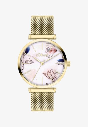 Horloge met gouden mesh band, een ronde wijzerplaat met bloemmotieven in zachte roze en blauwe tinten, en slanke uurmarkeringen. Merkennaam "s.Oliver" zichtbaar.