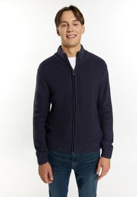 Maglione lavorato a maglia di colore blu navy con colletto alto e zip frontale; presenta una texture a coste e maniche lunghe; indossato sopra una camicia bianca.