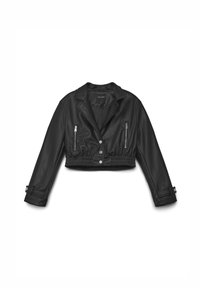 Schwarze, gekürzte Fake-Lederjacke mit langen Ärmeln, Reverskragen, vorderen Druckknöpfen, zwei vertikalen Reißverschluss-Brusttaschen und elastischem Bund.