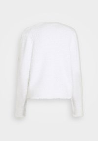 Pull doux, blanc, à manches longues et à texture duveteuse, vu de dos avec un col rond simple et un ourlet légèrement raccourci.