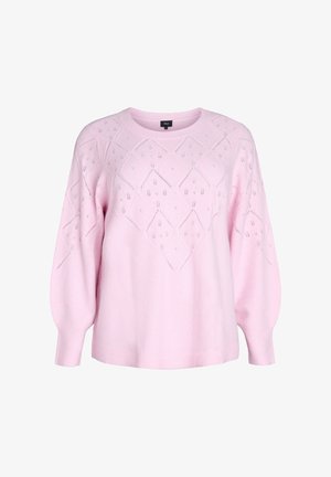 Suéter de punto rosa claro con cuello redondo, mangas largas tipo globo y un patrón de diamantes que presenta pequeños detalles troquelados.